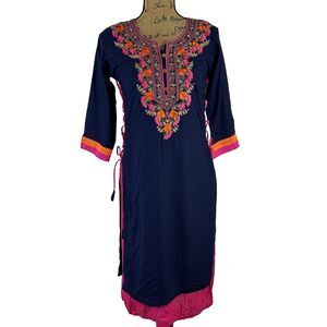 SADEE Hand Embroider Tunic Chikankari Embellish Split Sides Layer Navy Blue Pink